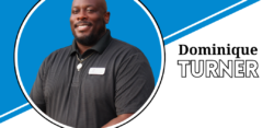 Smiling staff director in blue spotlight graphic